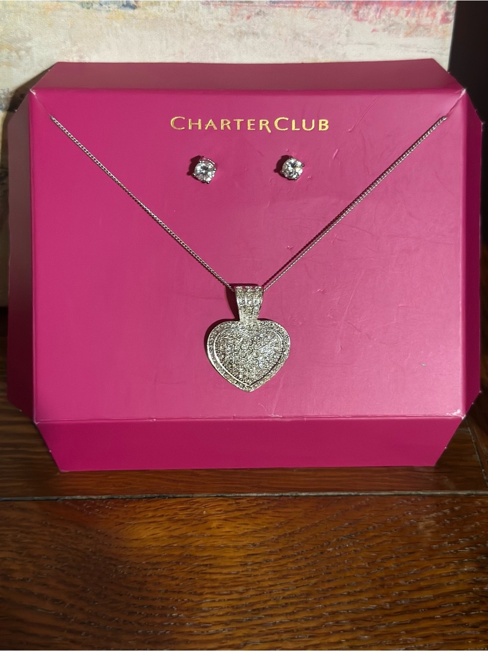 Charter Club Silver Heart Pendant Necklace and Crystal Stud Earrings on Pink Box